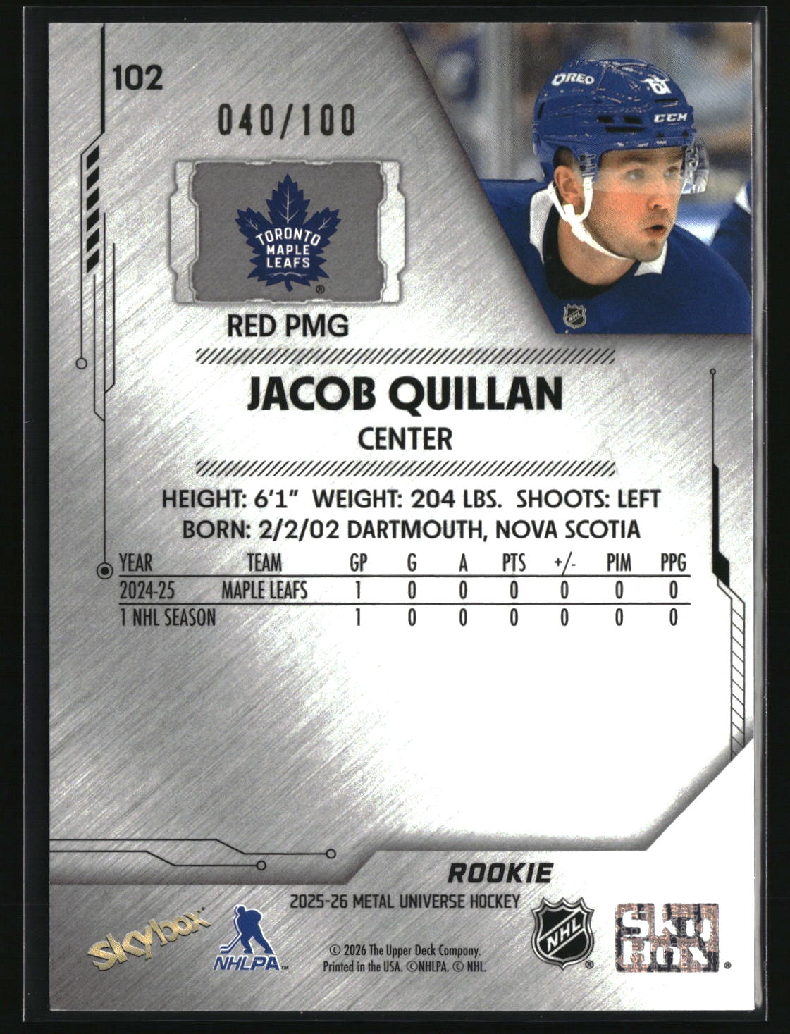 Jacob Quillan 2025-26 SkyBox Metal Universe Precious Metal Gems Red #102 #/100
