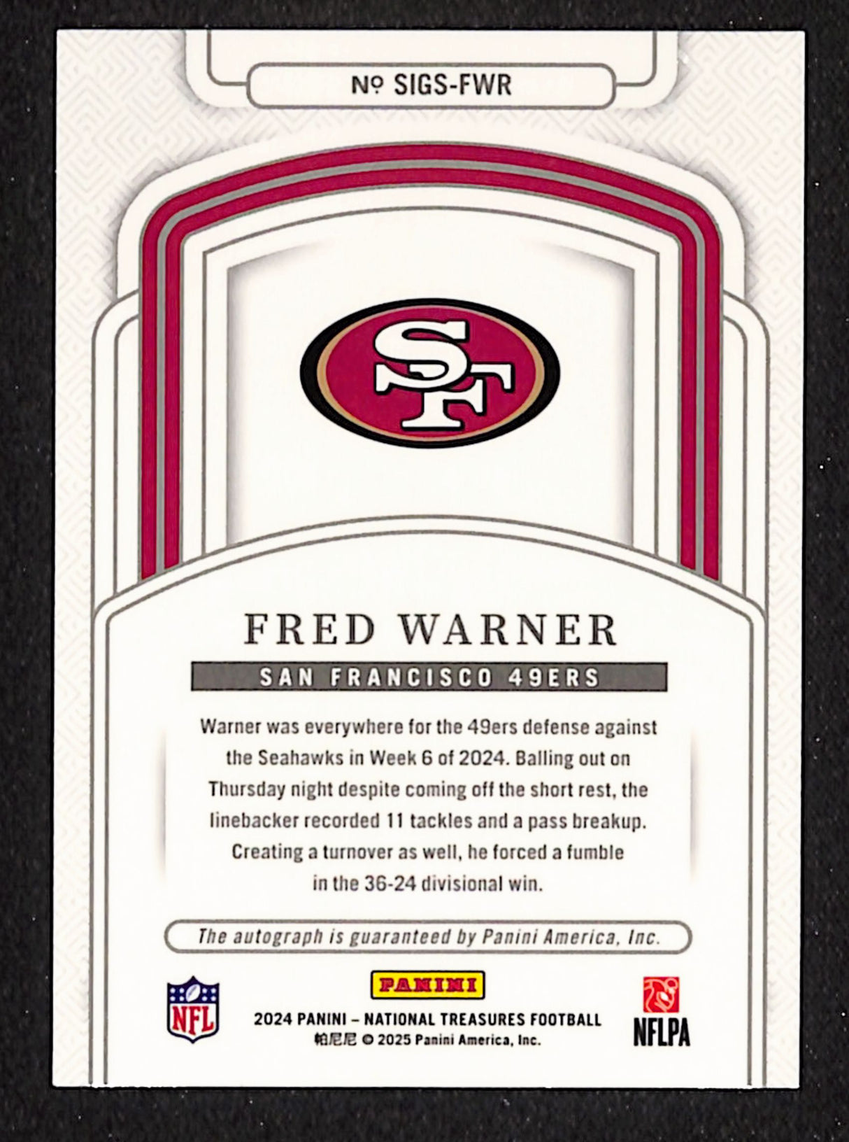 Fred Warner 2024 Panini National Treasures Signatures Gold #SIGS-FWR #/49