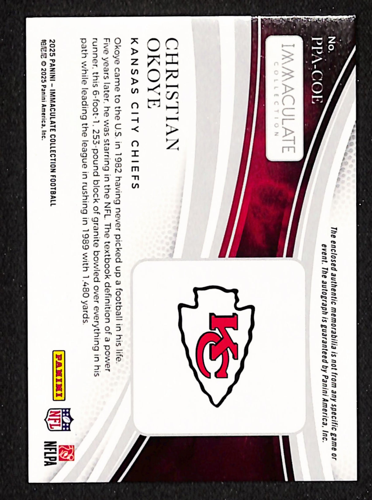 Christian Okoye 2025 Immaculate Collection - Premium Patch Auto #PPA-COE #/99