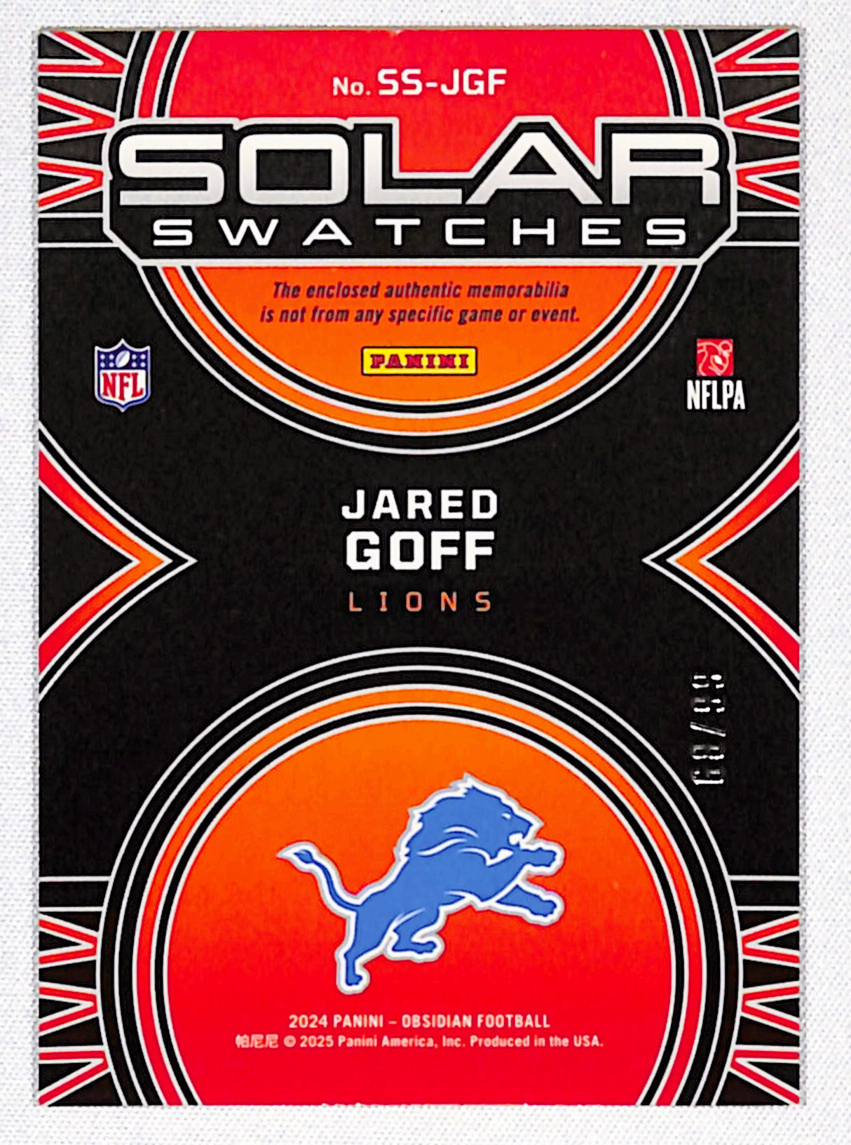 Jared Goff 2024 Panini Obsidian Solar Swatches Silver #SS-JGF #/99
