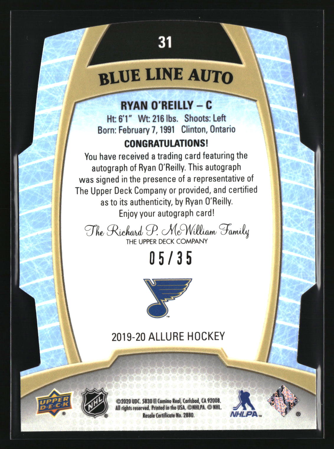 Ryan O'Reilly 2019-20 Upper Deck Allure Blue Line Autographs #31 #/35