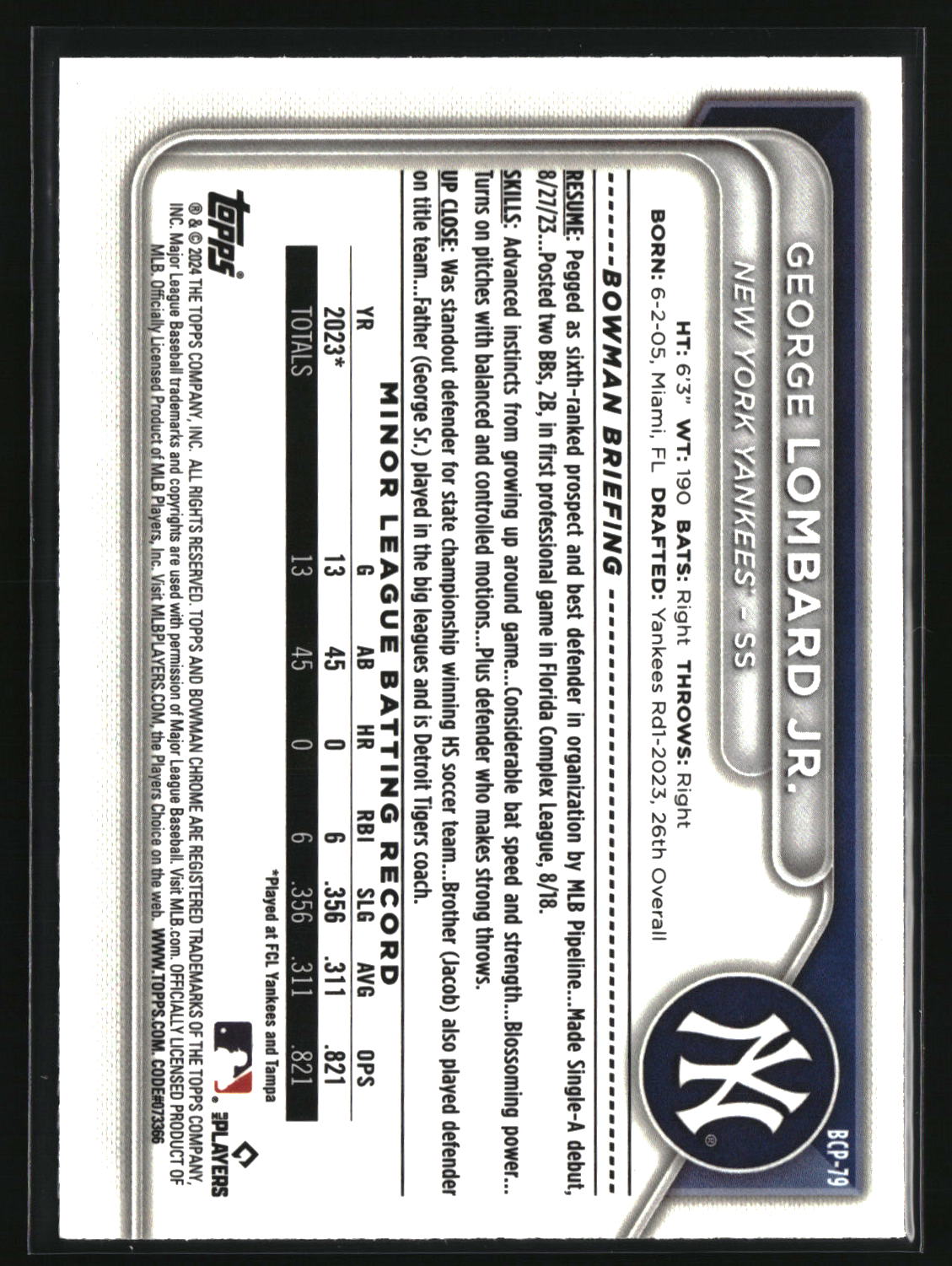 George Lombard Jr. 2024 Bowman Chrome Prospects Mojo Fuchsia Ref #BCP-79 #/299