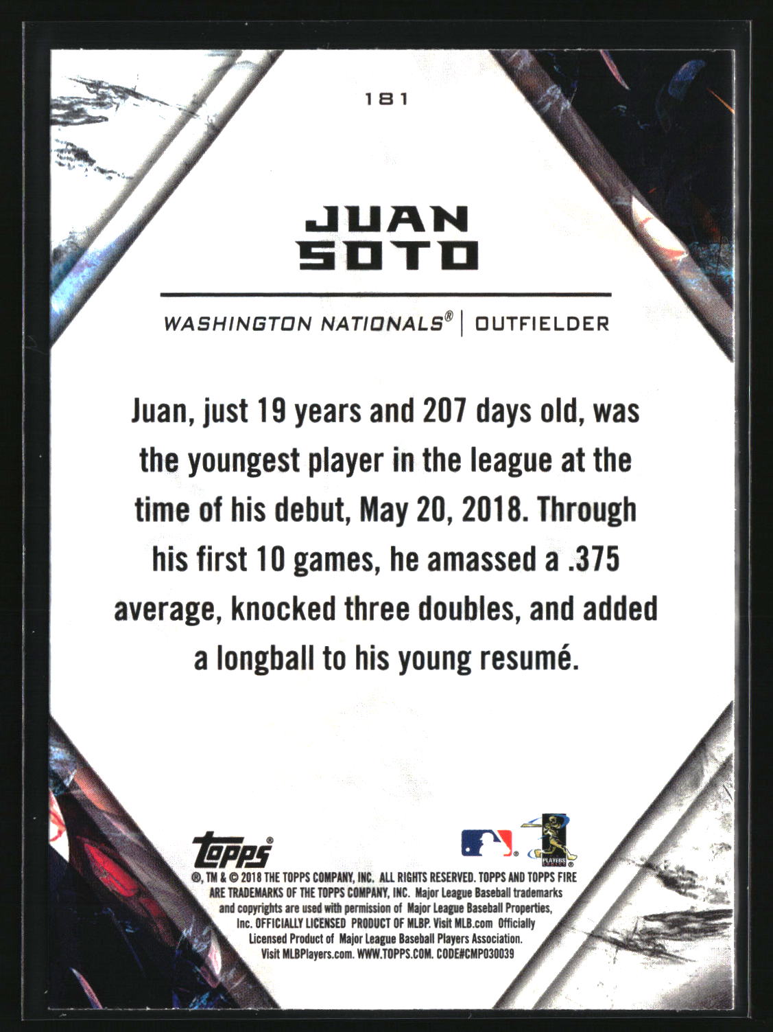 Juan Soto 2018 Topps Fire #181
