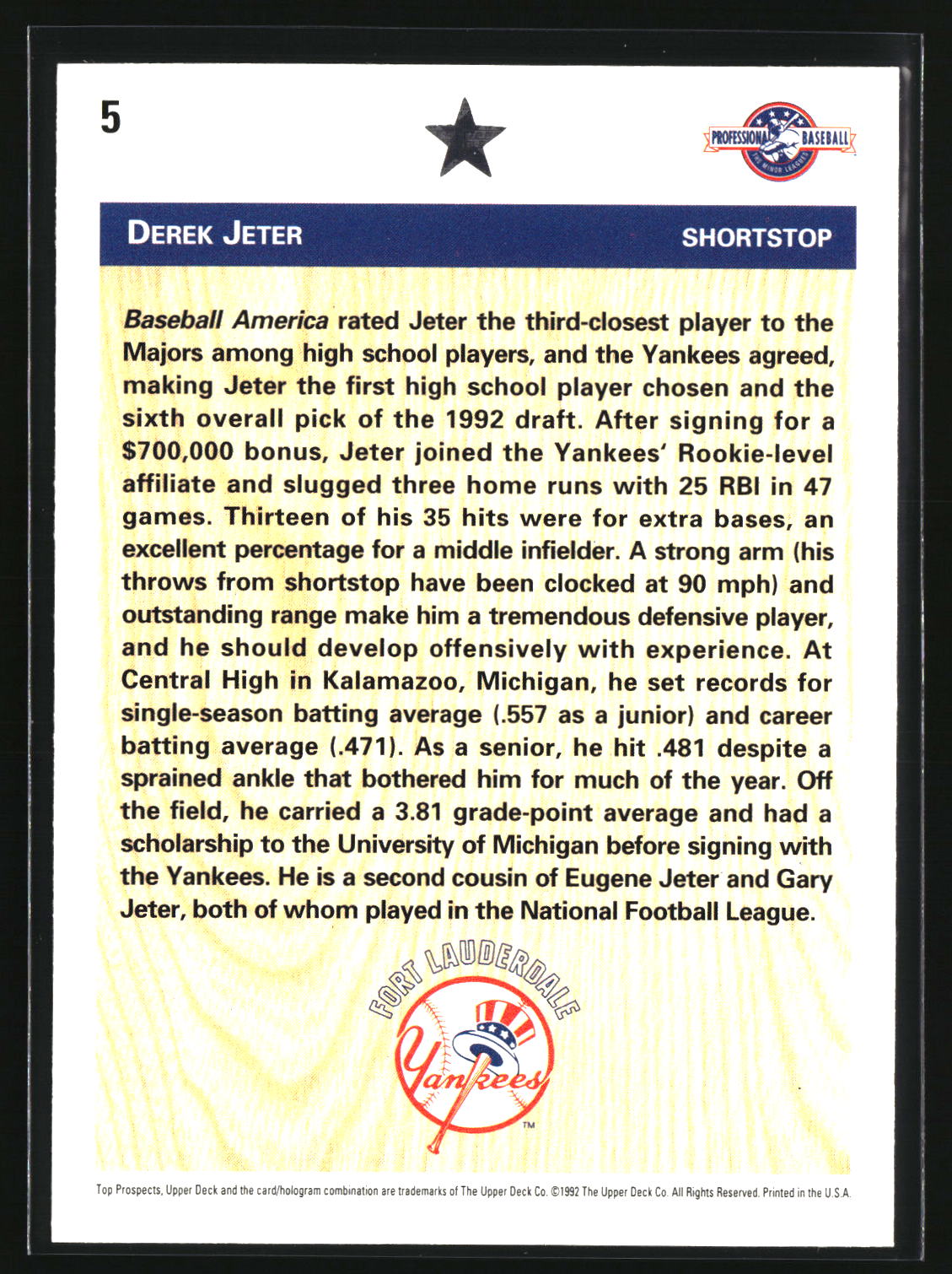 Derek Jeter 1992 Upper Deck Minor League #5