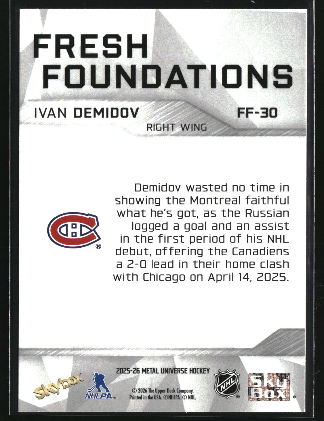 Ivan Demidov 2025-26 SkyBox Metal Universe Fresh Foundations #FF-30