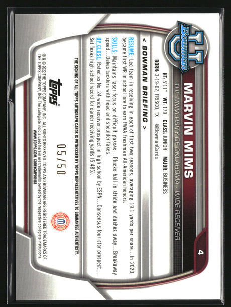 Marvin Mims 2022 Bowman UChrome Prospect Autographs Gold Lava Refractor #4 #/50