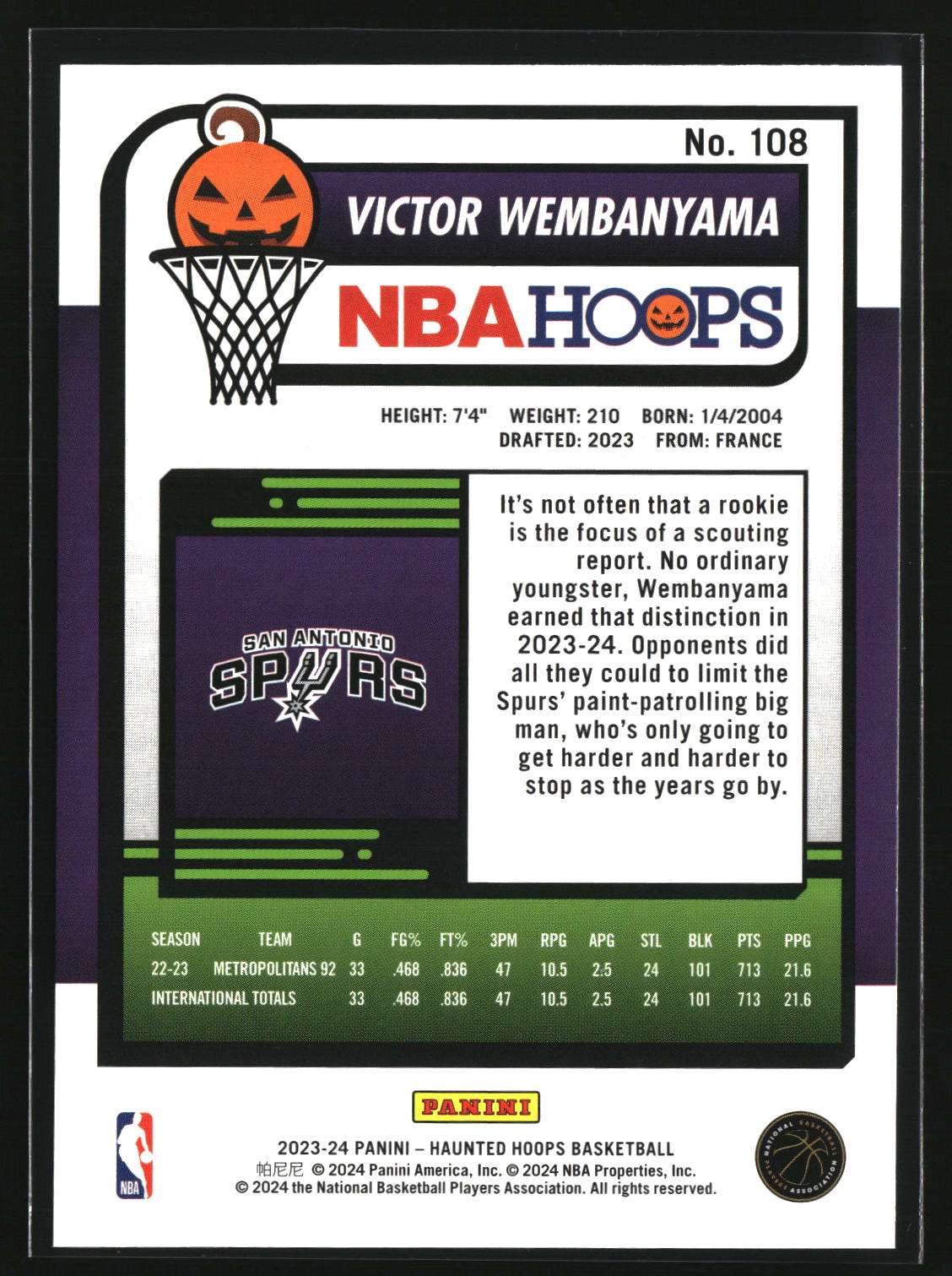 Victor Wembanyama 2023-24 Hoops Haunted Hoops #108