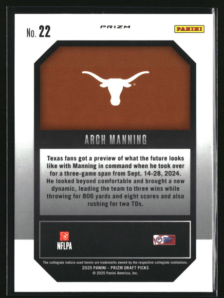 Arch Manning 2025 Panini Prizm Draft Picks New Recruits Gold Ice #22