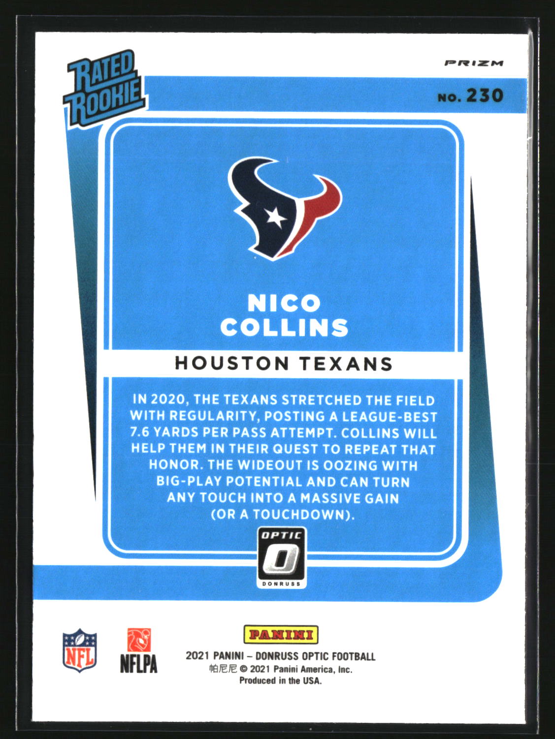 Nico Collins 2021 Donruss Optic Purple Velocity #230