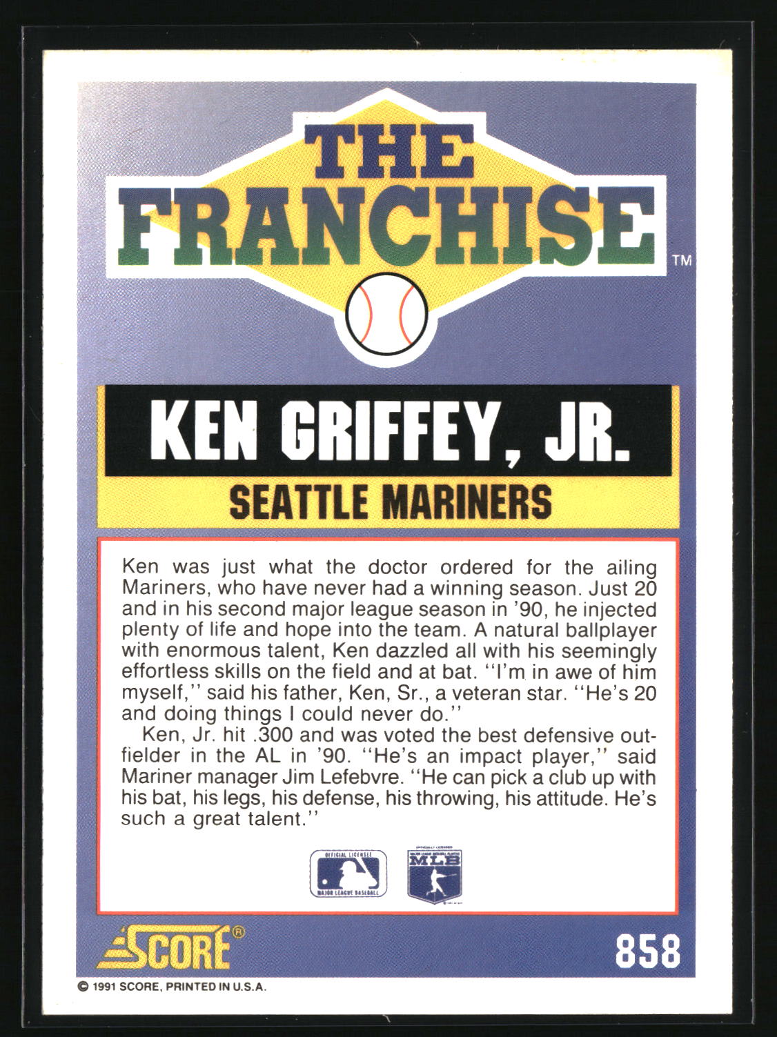 Ken Griffey, Jr. 1991 Score #858