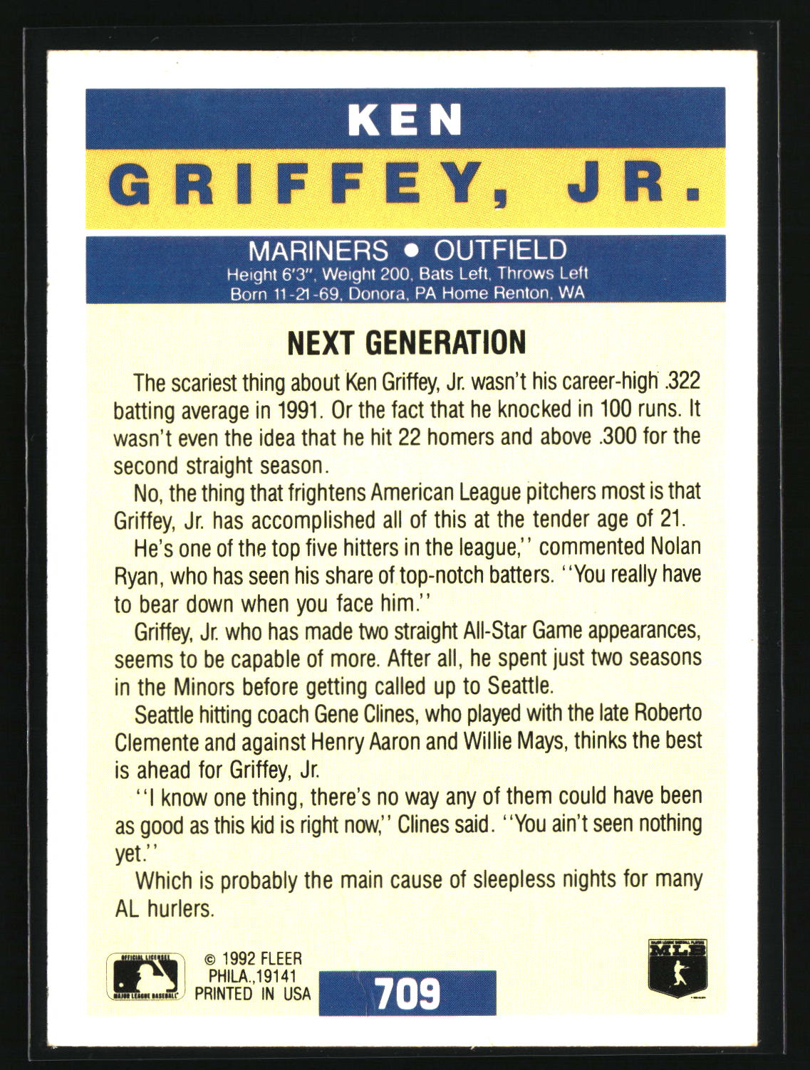 Ken Griffey, Jr. 1992 Fleer #709