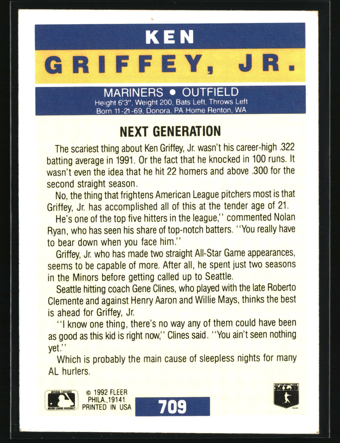 Ken Griffey, Jr. 1992 Fleer #709