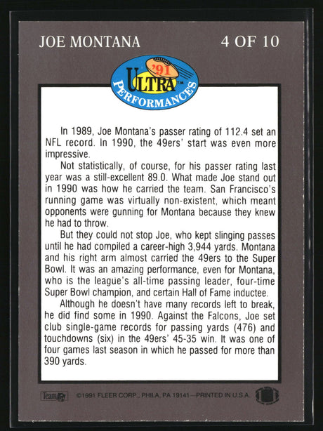 Joe Montana 1991 Ultra Ultra Performances #4