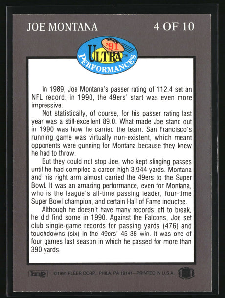 Joe Montana 1991 Ultra Ultra Performances #4