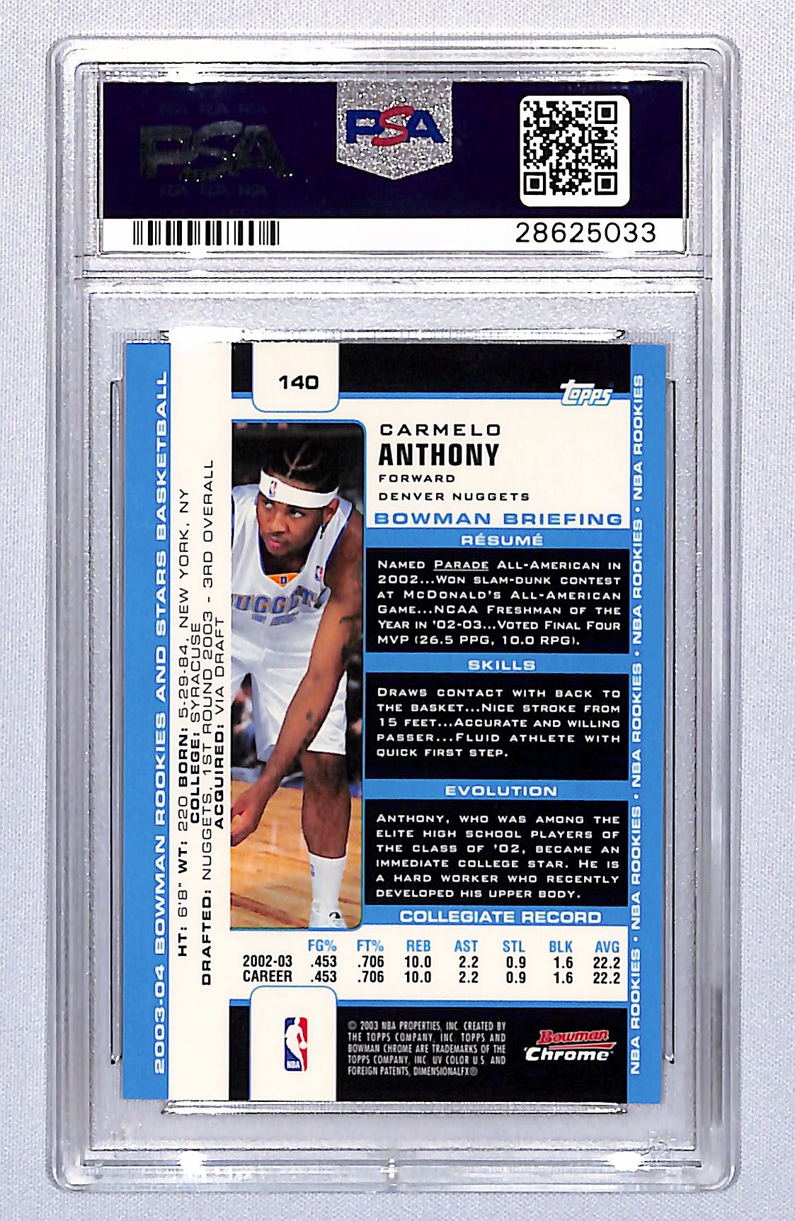 Carmelo Anthony 2003-04 Bowman Chrome #140 PSA 10