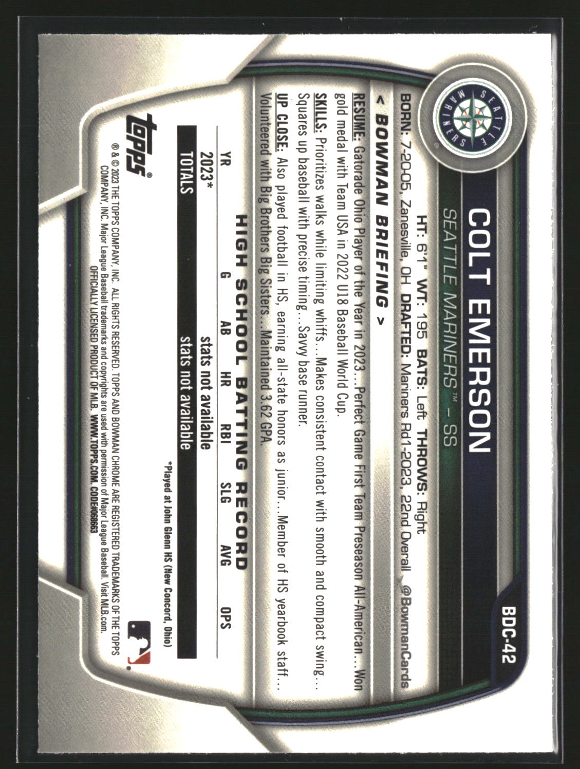 Colt Emerson 2023 Bowman Draft Chrome Japan Refractor #BDC-42