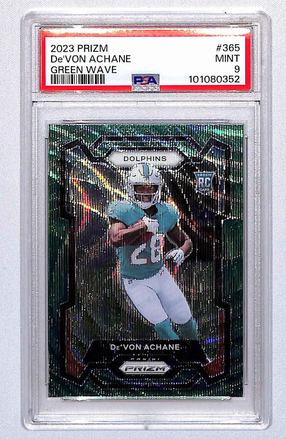 De'Von Achane 2023 Panini Prizm Green Wave #365 PSA 9