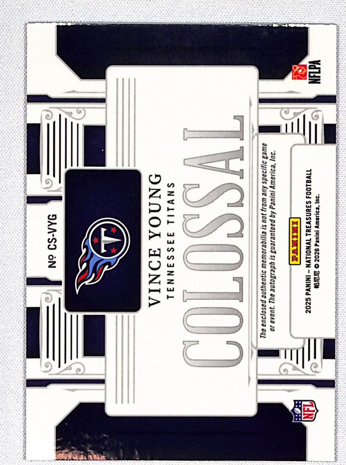 Vince Young 2025 National Treasures Colossal Signatures Holo Silver #CS-VYG #/25