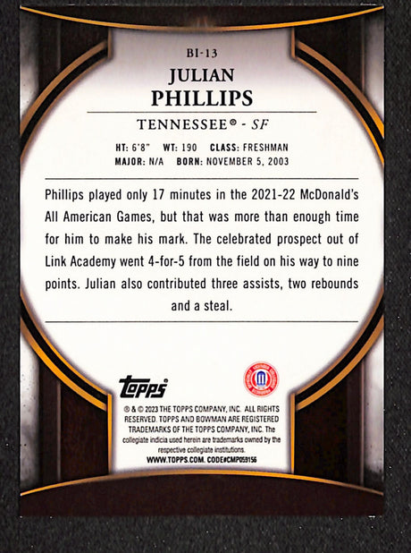 Julian Phillips 2022-23 Bowman University Chrome Bowman Invicta #BI-13