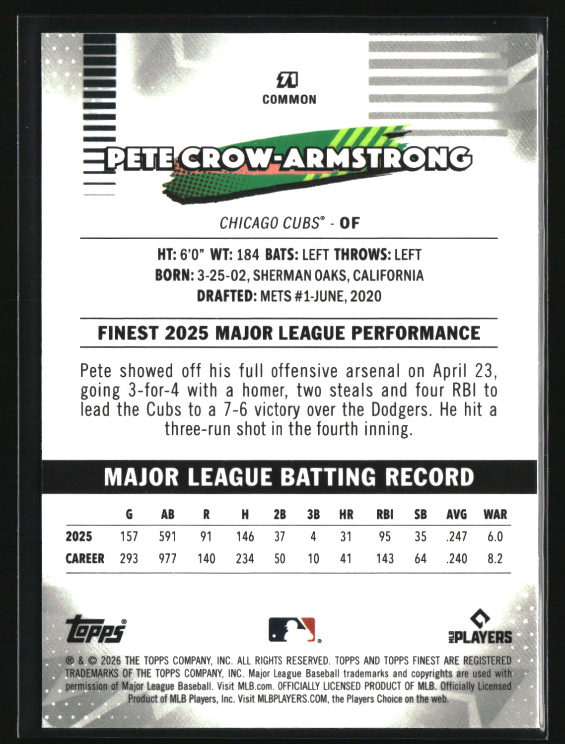 Pete Crow-Armstrong 2026 Finest Mini-Diamond Refractors #71