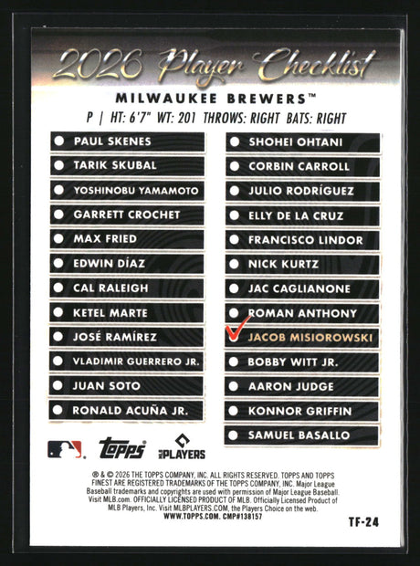 Jacob Misiorowski 2026 Finest Topps Team Finest #TF-24