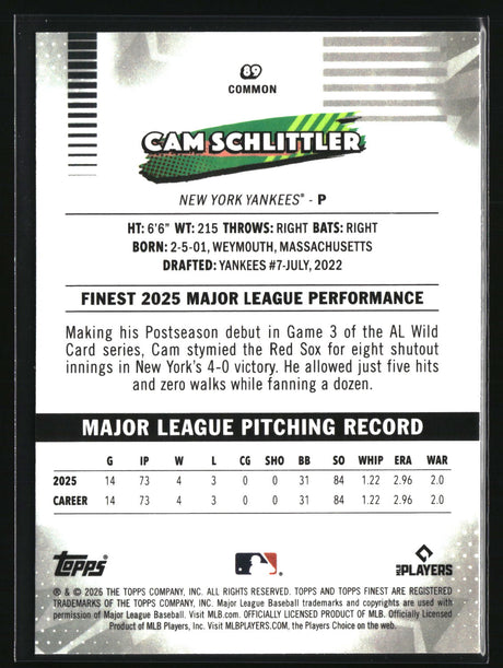 Cam Schlittler 2026 Finest #89