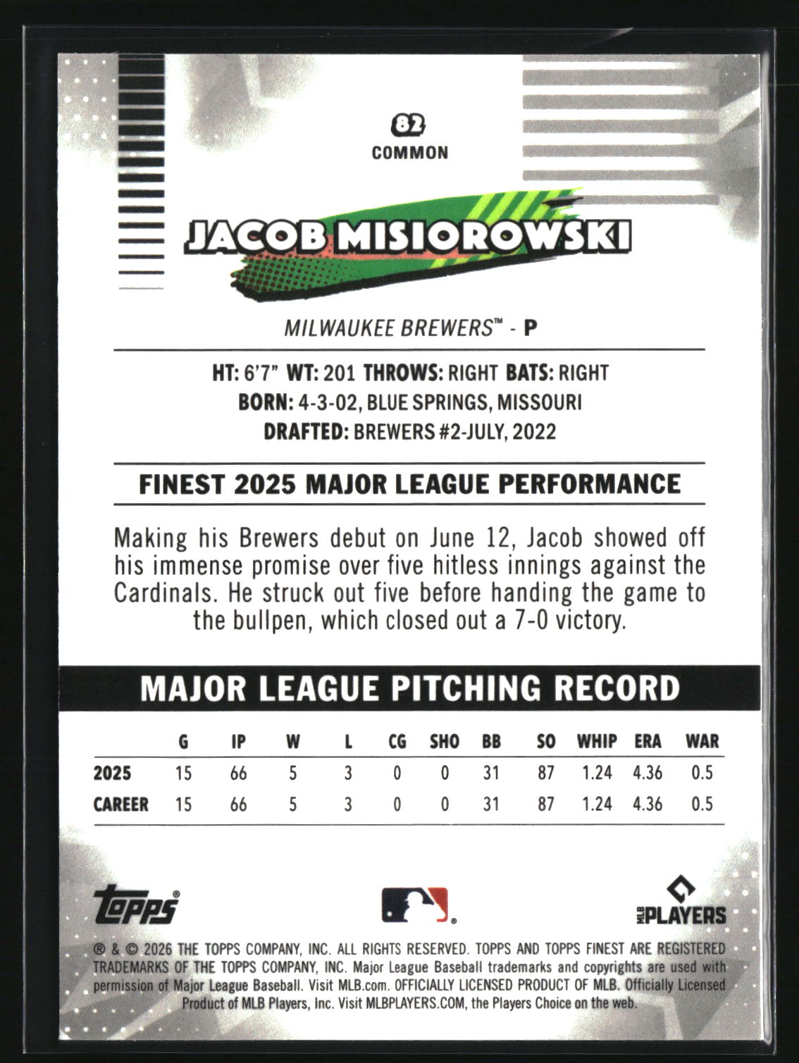Jacob Misiorowski 2026 Finest #82