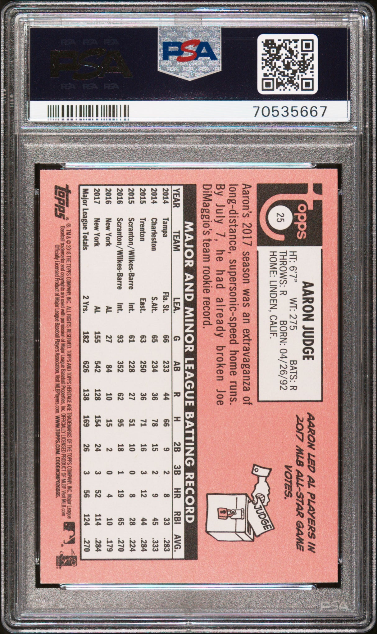 Aaron Judge 2018 Topps Heritage #25 PSA 10