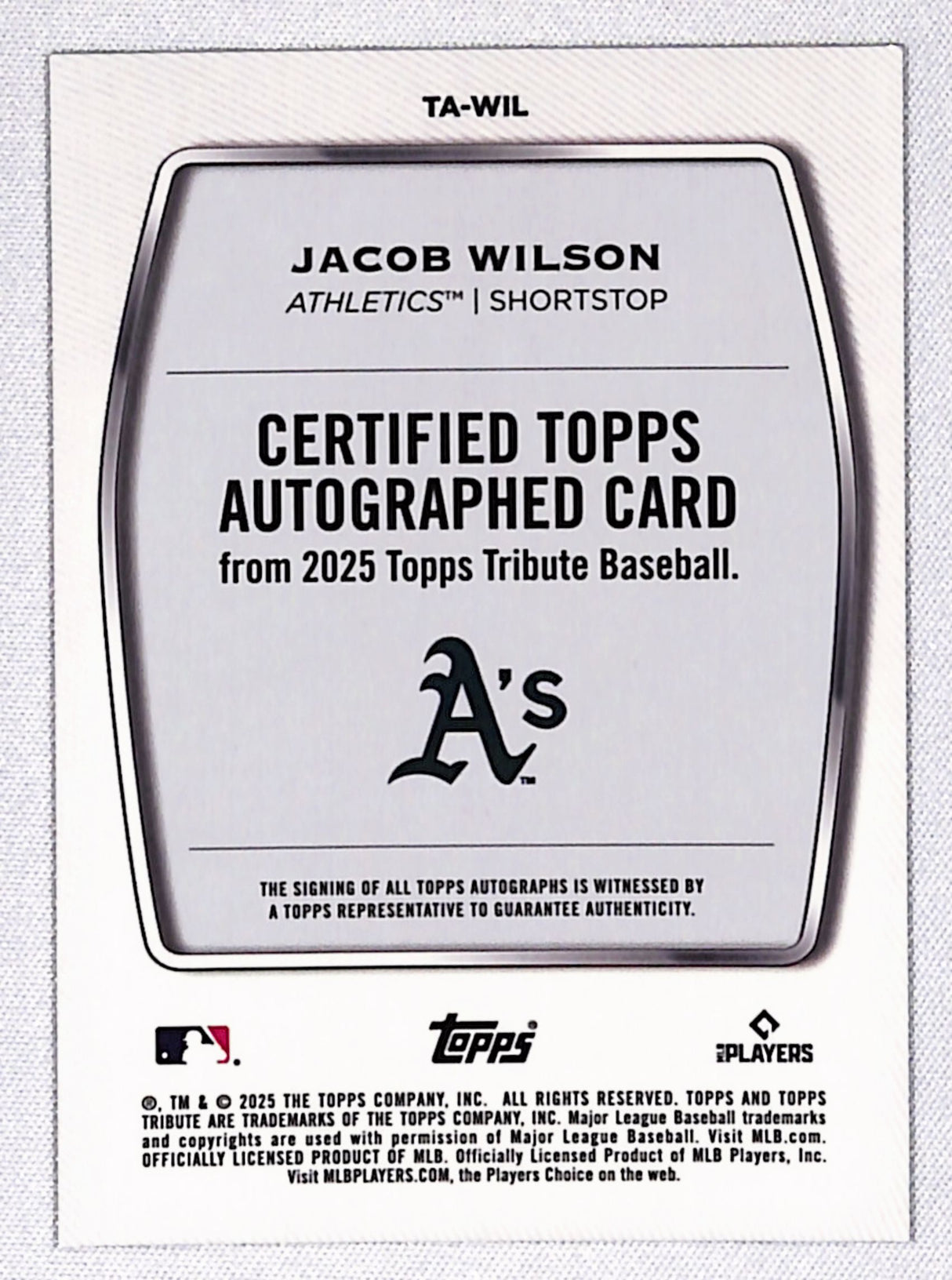 Jacob Wilson 2025 Topps Tribute Tribute Autographs Green #TA-WIL #/99
