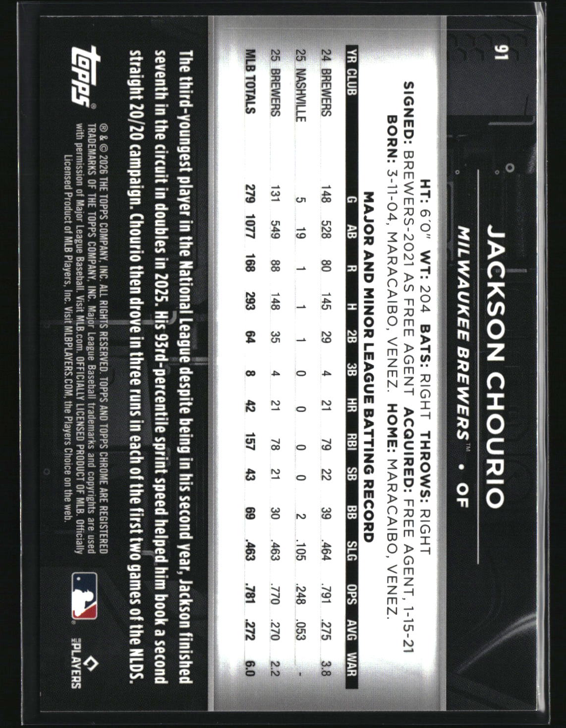 Jackson Chourio 2026 Topps Chrome Black Green Refractors #91 #/99