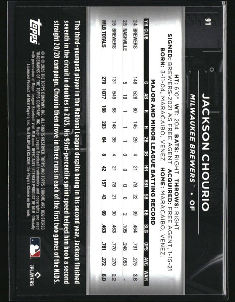 Jackson Chourio 2026 Topps Chrome Black Green Refractors #91 #/99