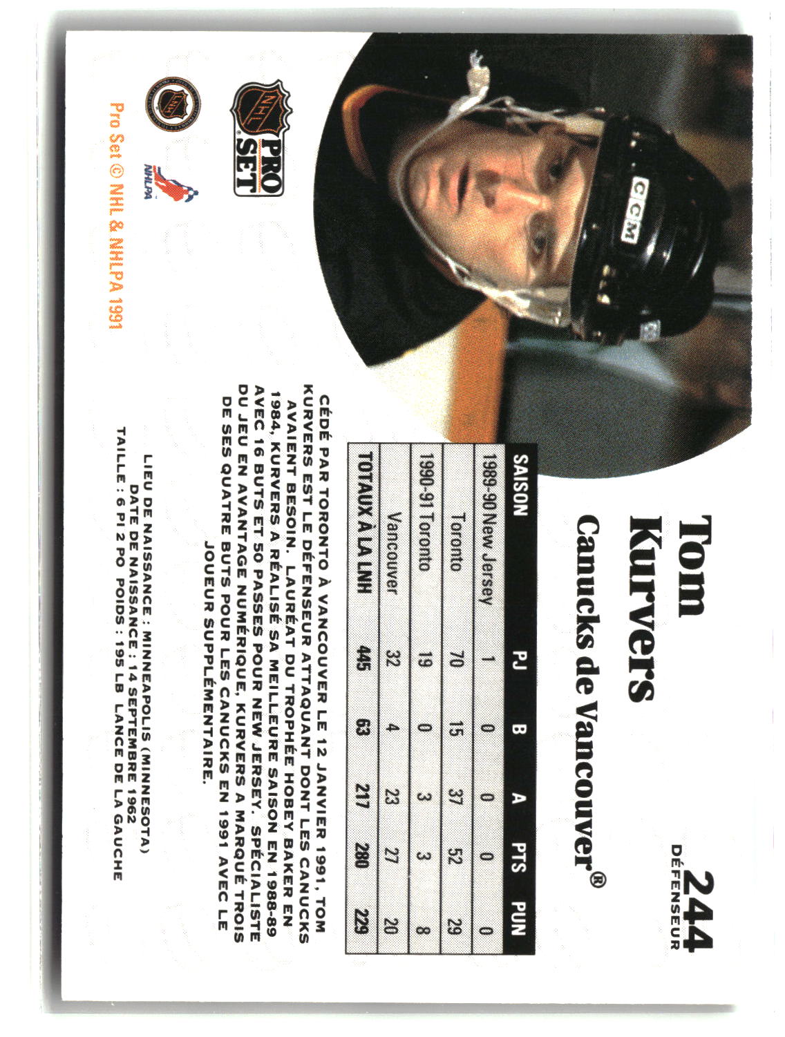 Tom Kurvers 1991-92 Pro Set French #244