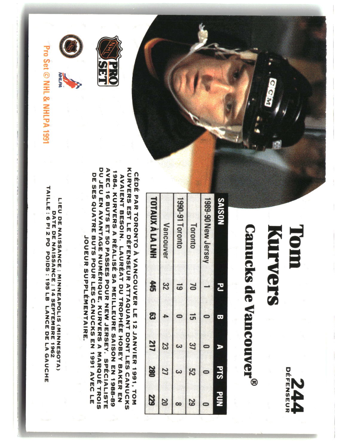 Tom Kurvers 1991-92 Pro Set French #244