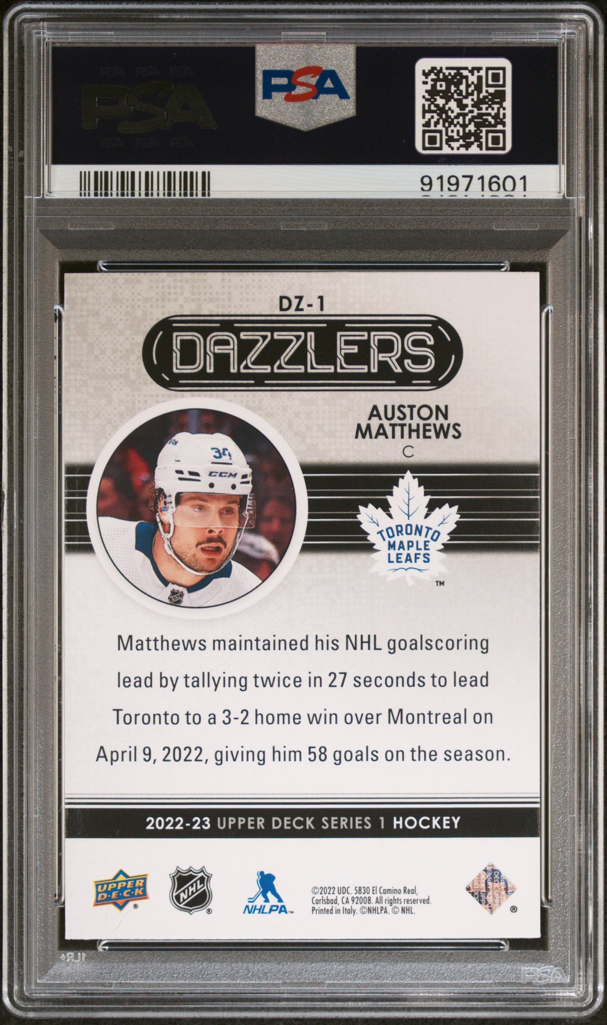 Auston Matthews 2022-23 Upper Deck Dazzlers Blue #DZ-1 PSA 10