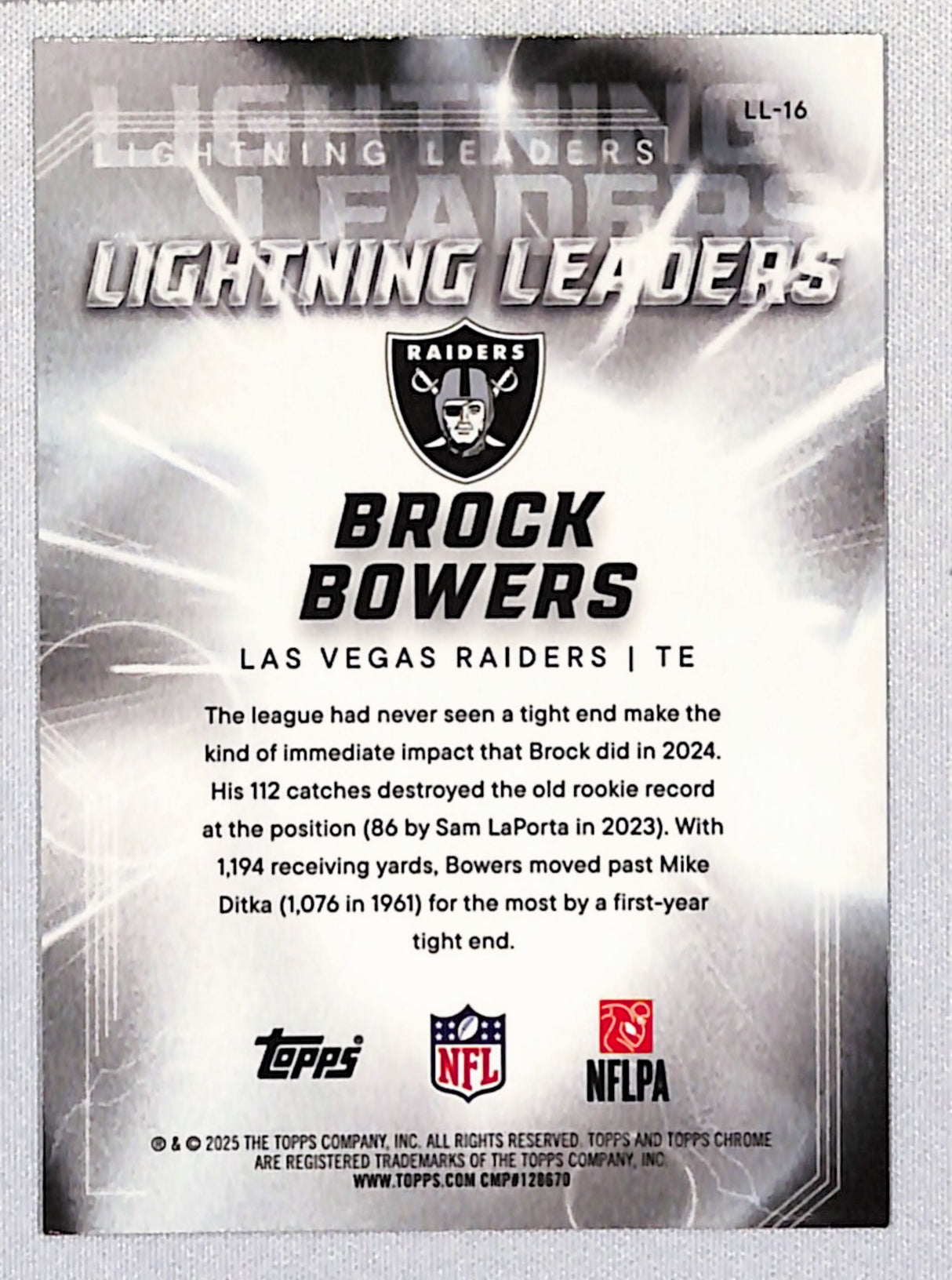 Brock Bowers 2025 Topps Chrome Lightning Leaders #LL-16