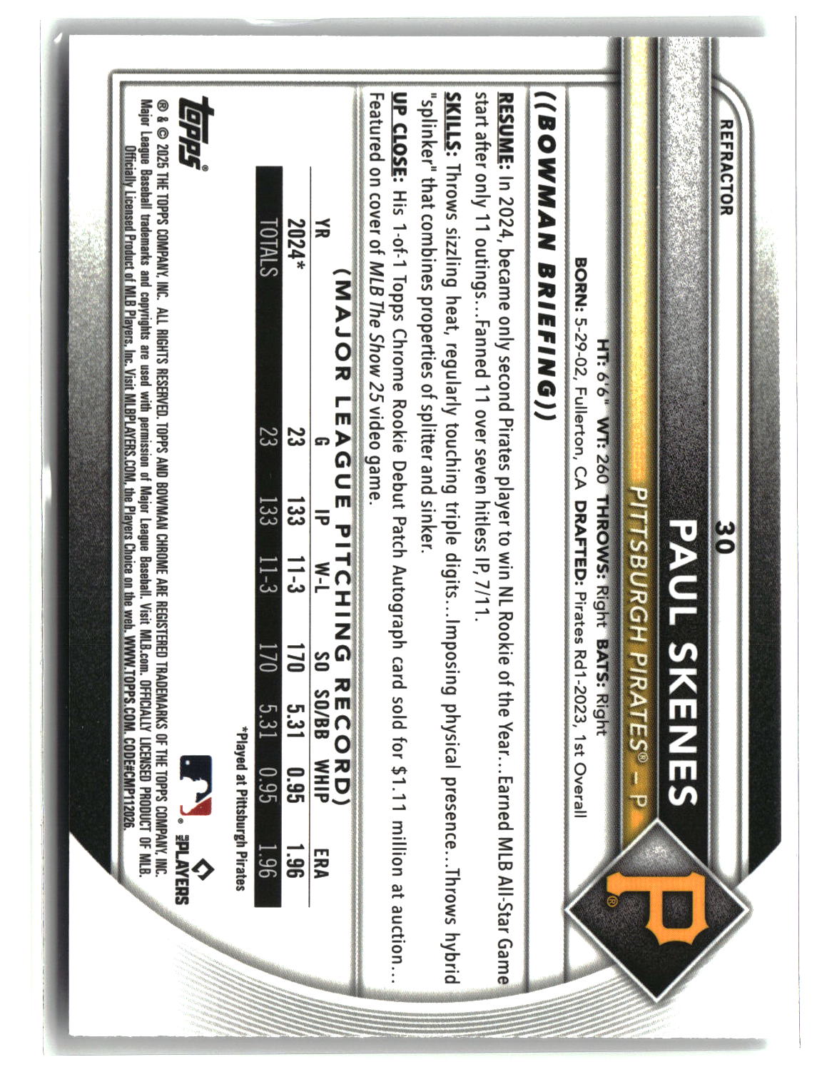 Paul Skenes 2025 Bowman Chrome Refractor #30 #/499