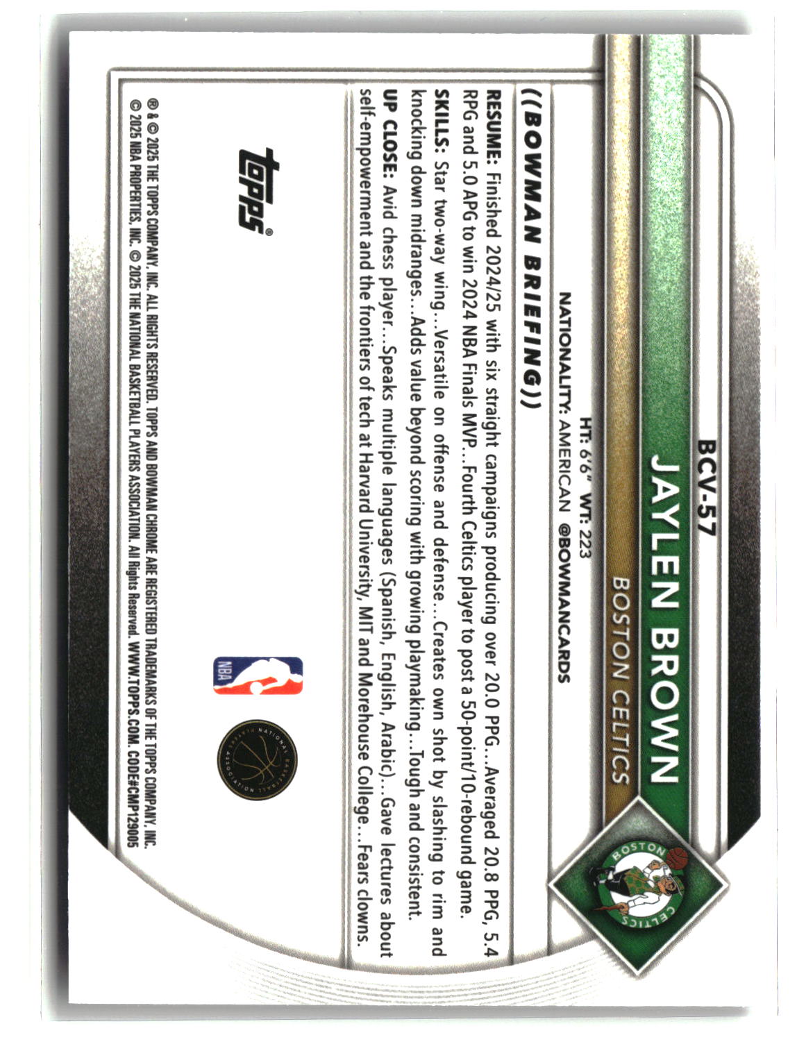 Jaylen Brown 2025-26 Bowman Chrome Fuchsia Refractors #BCV-57 #/199