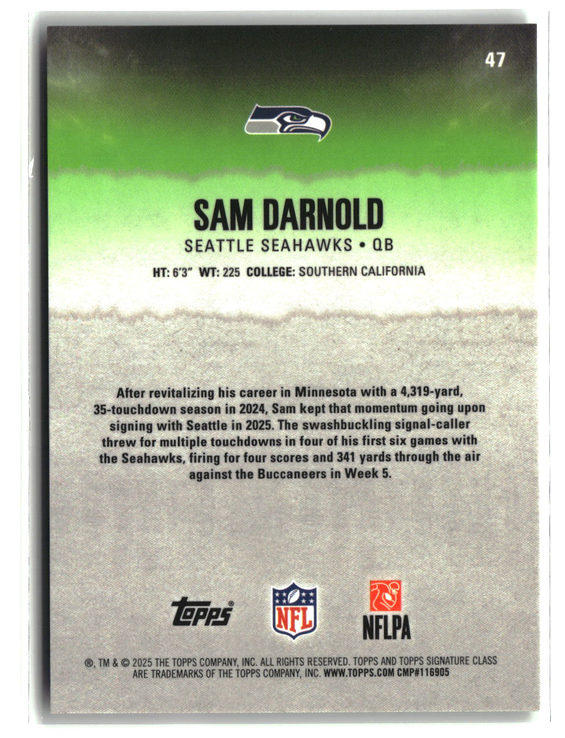 Sam Darnold 2025 Topps Signature Class Chrome Lime Green Refractor #47 #/175