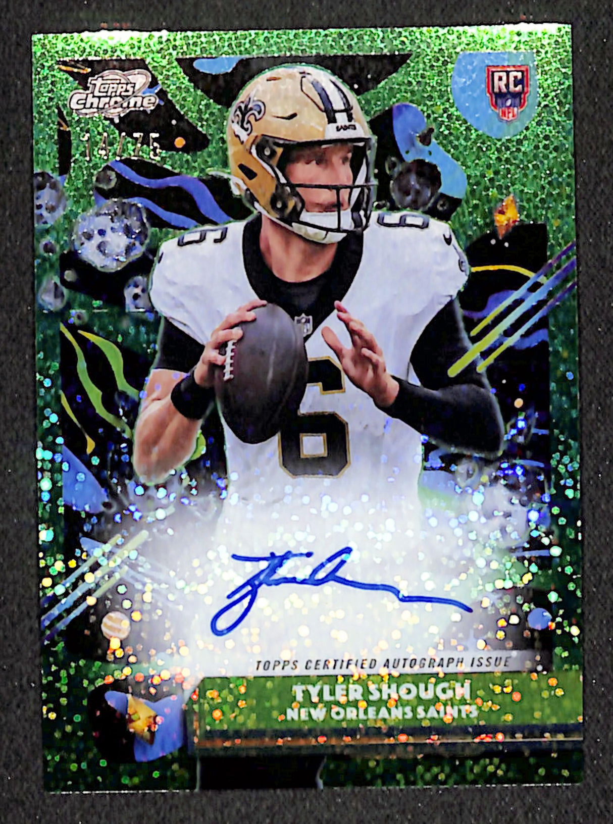 Tyler Shough 2025 Topps Chrome Cosmic Auto Green Space Dust #CCA-TS #/75