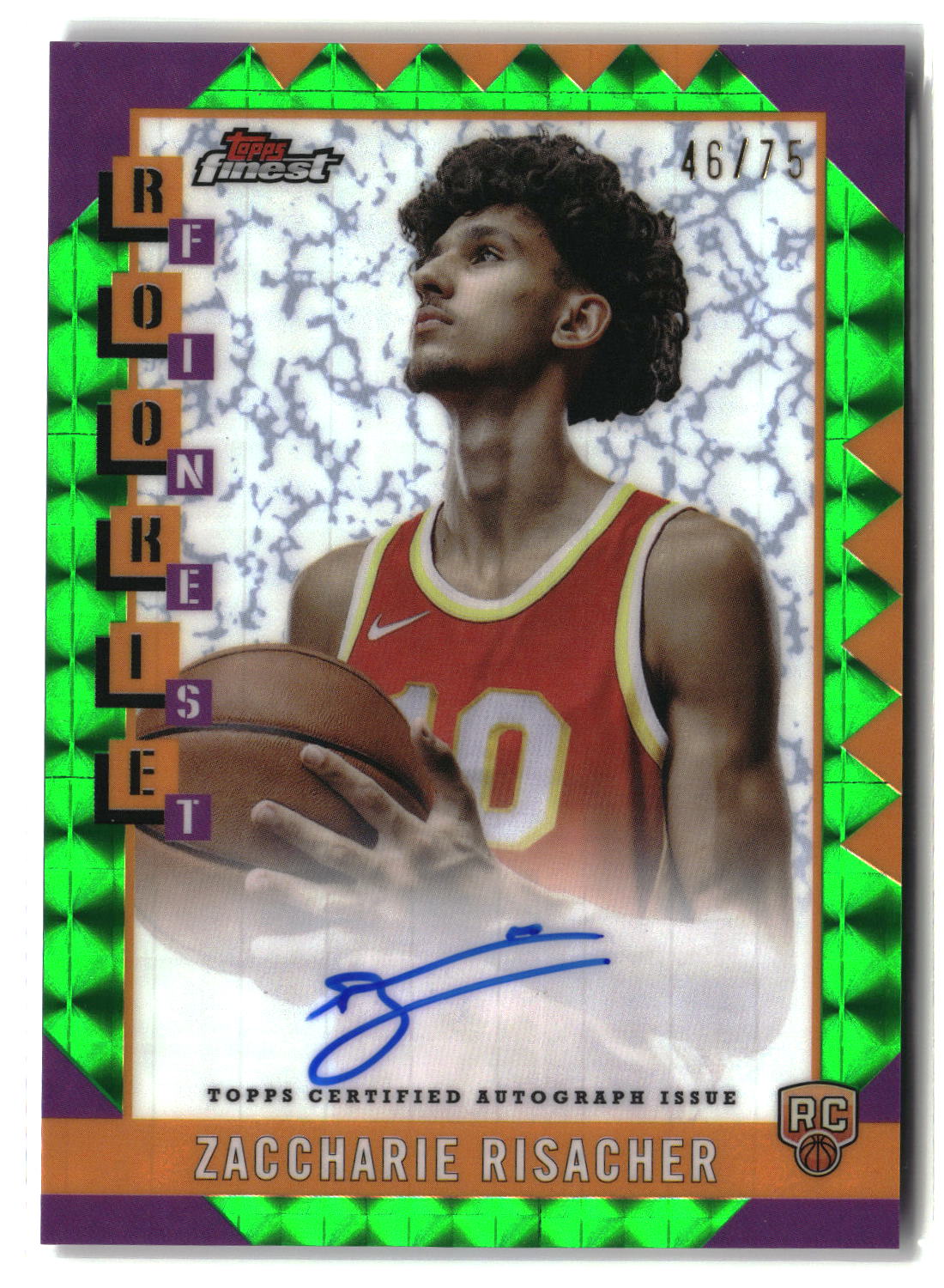 Zaccharie Risacher 2024-25 Finest Rookie Autographs Green Geometric #RFA-ZR #/75