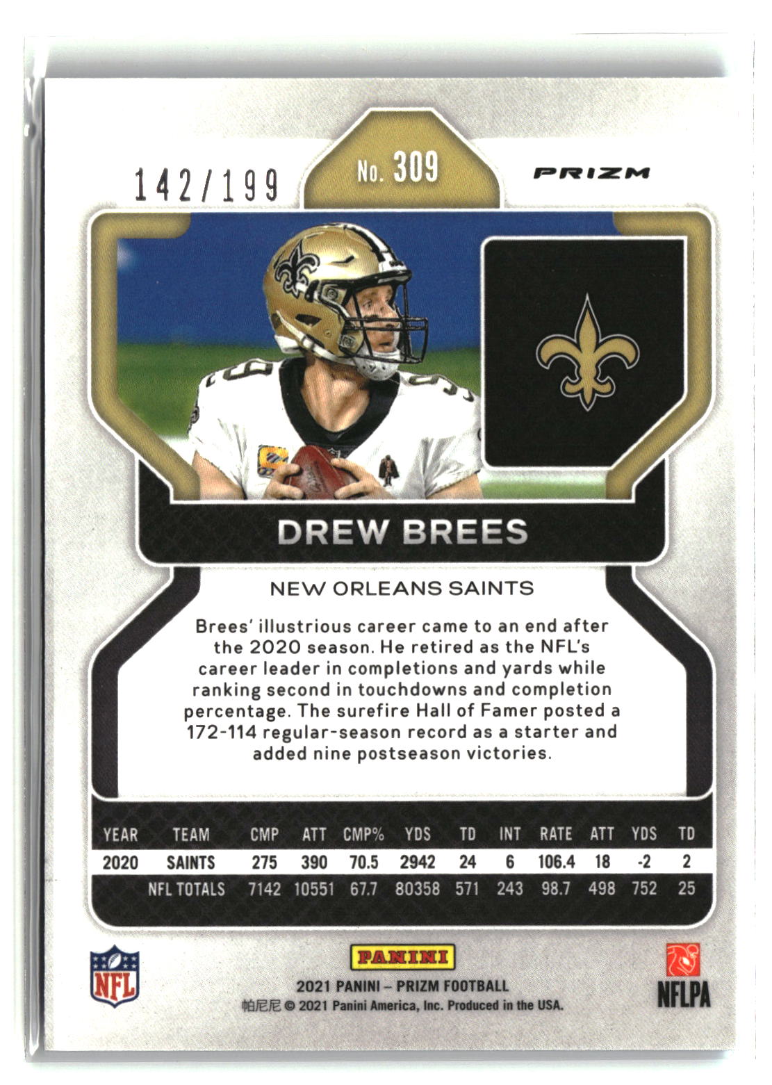 Drew Brees 2021 Panini Prizm Blue Wave #309 #/199