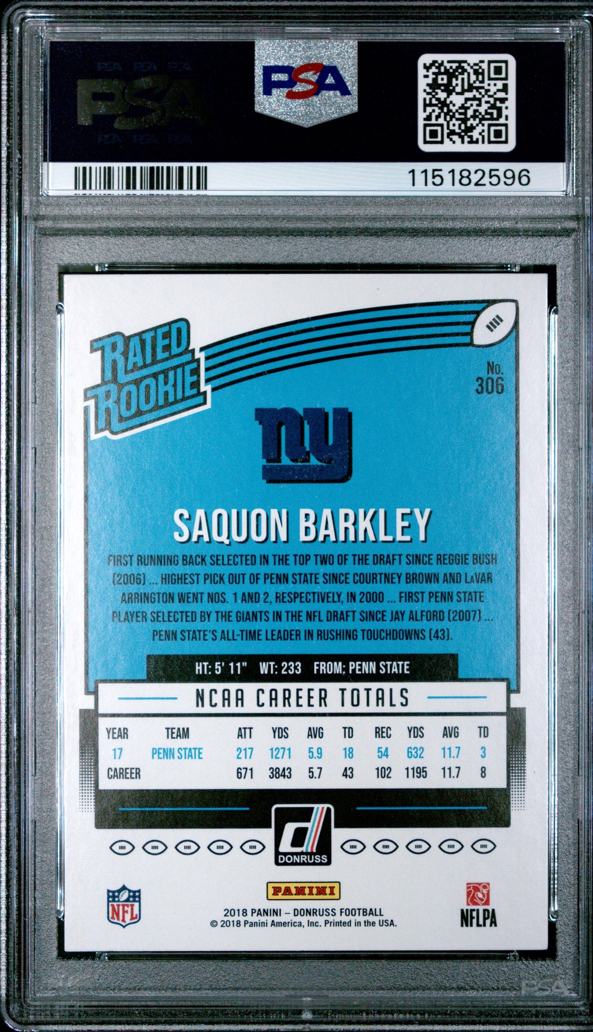 Saquon Barkley 2018 Donruss #306 PSA 9