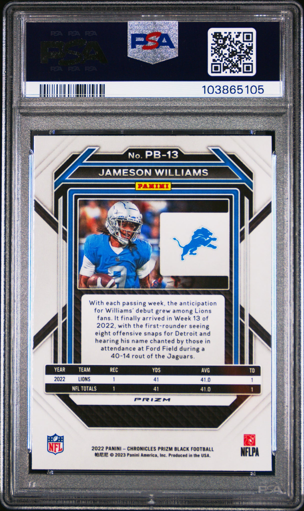Jameson Williams 2022 Panini Chronicles Prizm Black Silver #PB-13 PSA 10