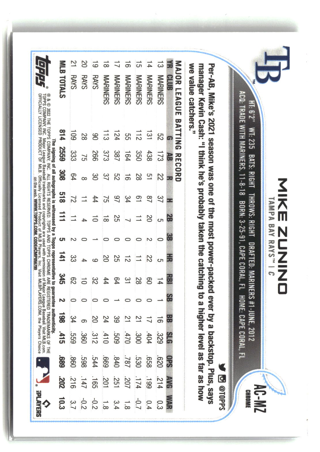 Mike Zunino 2022 Topps Chrome Update Autographs #AC-MZ