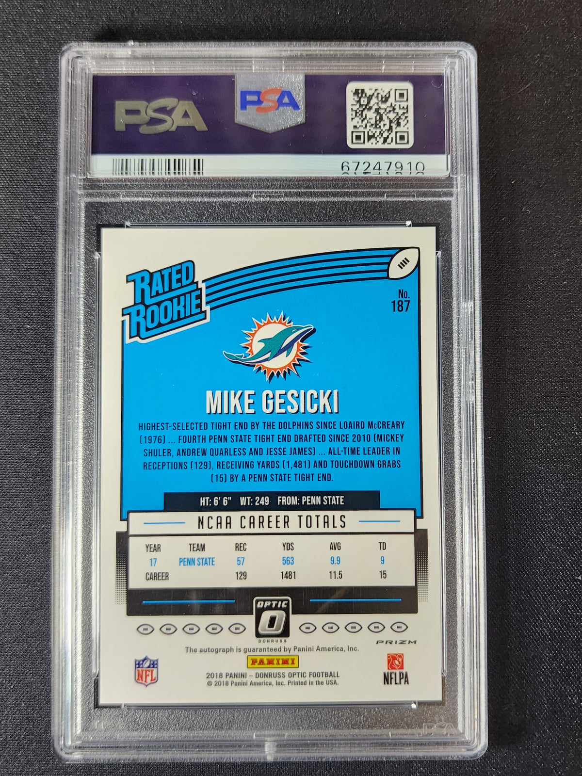 Mike Gesicki 2018 Panini Donruss Optic Autograph Bronze #187 PSA 9