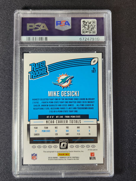 Mike Gesicki 2018 Panini Donruss Optic Autograph Bronze #187 PSA 9