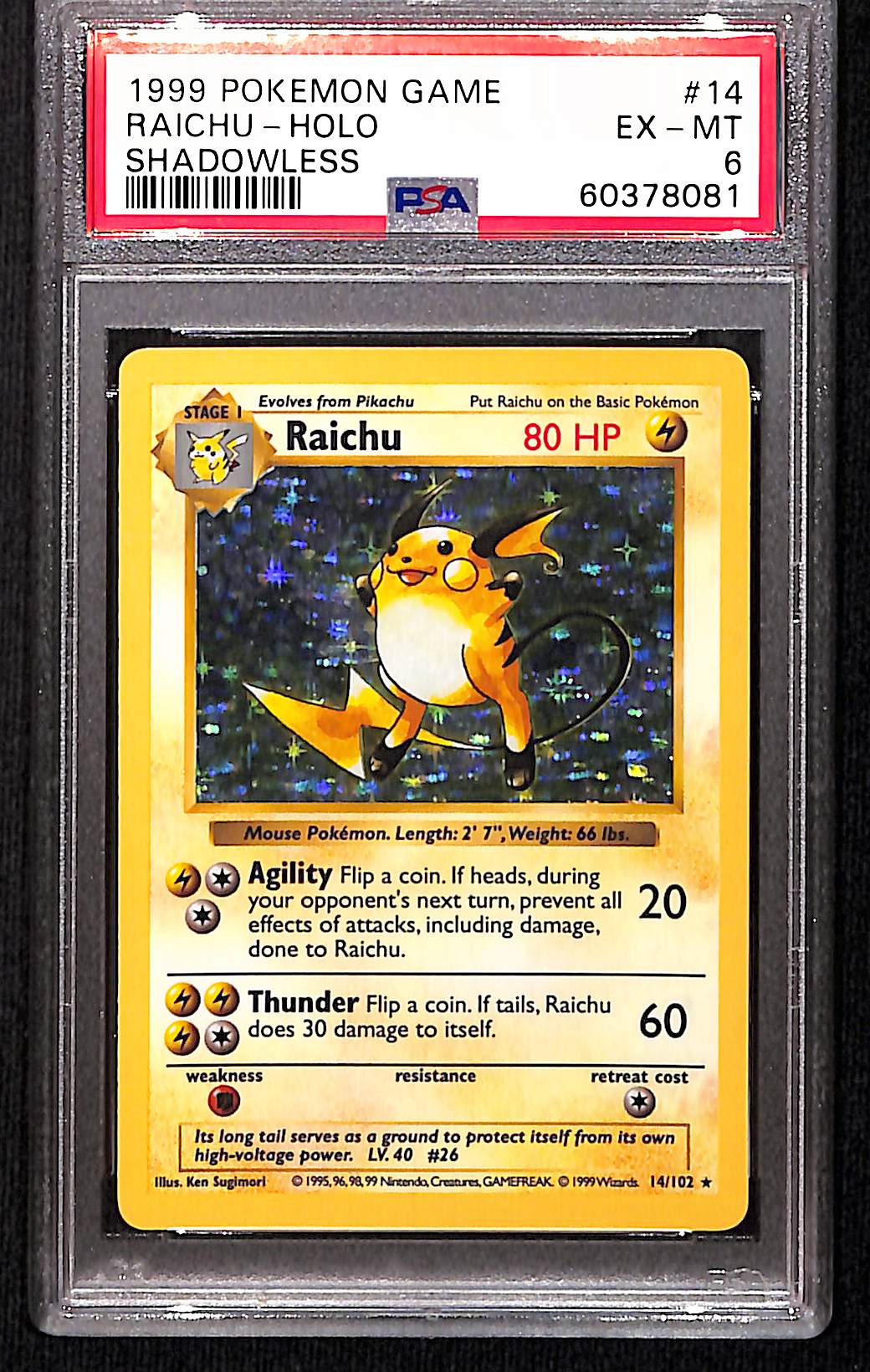 Raichu 1999 Pokemon Game #14 Shadowless Holo PSA 6