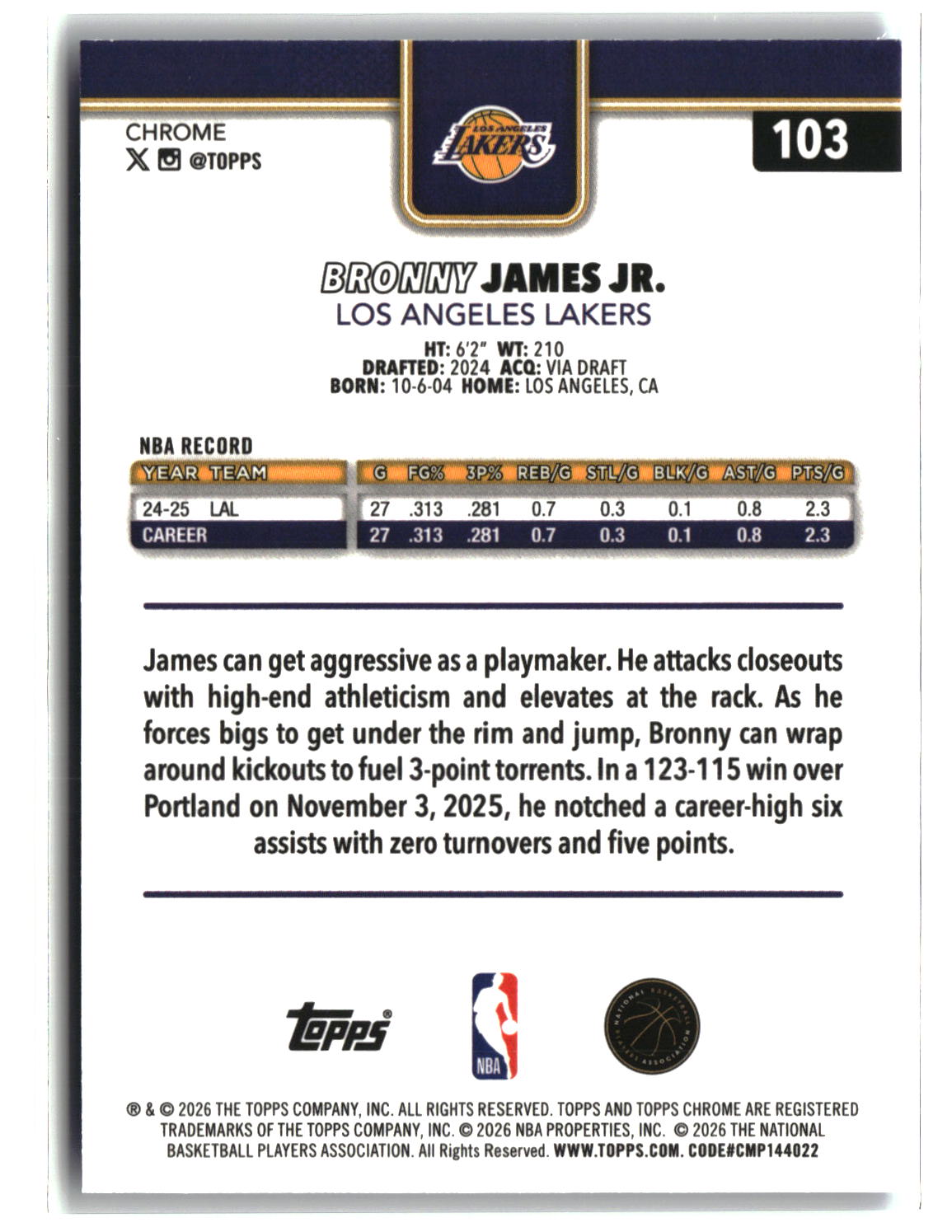 Bronny James Jr. 2025-26 Topps Chrome Update Blue Refractor #103 #/150