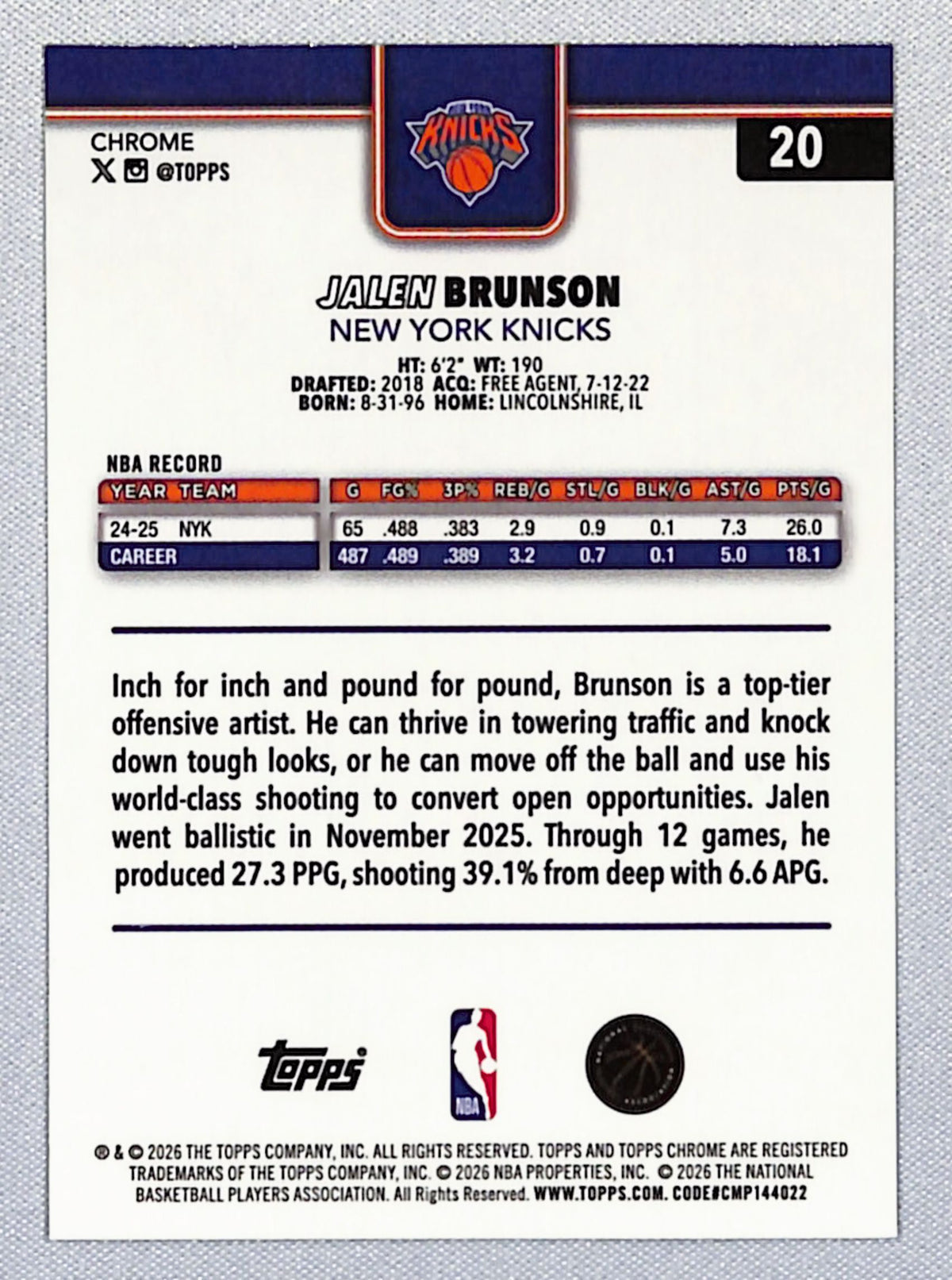 Jalen Brunson 2025-26 Topps Chrome Update Prism Refractor #20