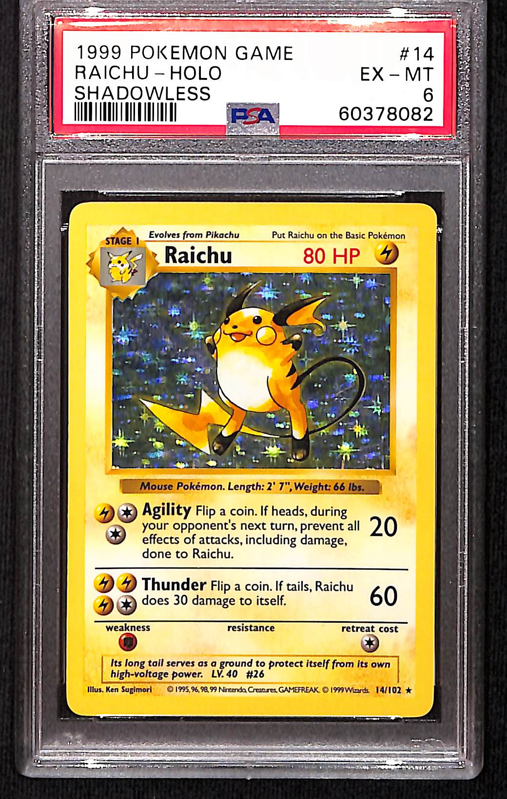 Raichu 1999 Pokemon Game #14 Shadowless Holo PSA 6